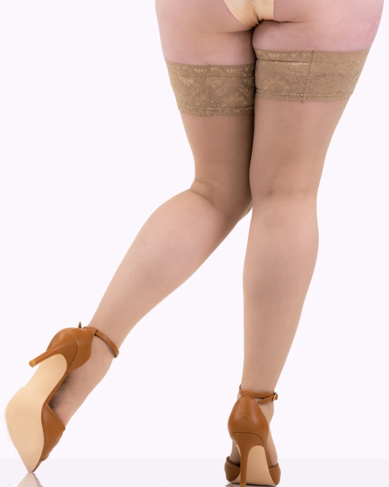 Back of a model wearing a size 2XLarge ISABELLA Sheer Thigh Highs in Hazelnut by VienneMilano. | dia_product_style_image_id:296068